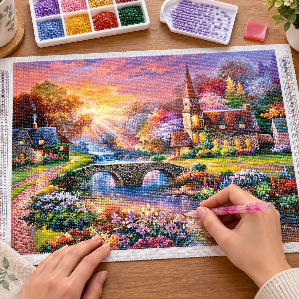 Sunset Riverside Church Diamond Painting Kit diamond painting process