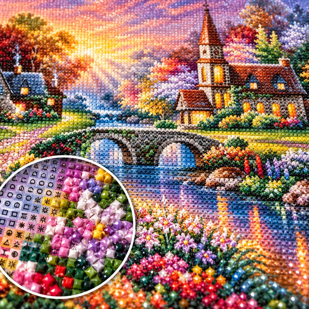 Sunset Riverside Church Diamond Painting Kit diamond painting drills and canvas detail