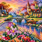 Sunset Riverside Church Diamond Painting Kit diamond painting drills and canvas detail