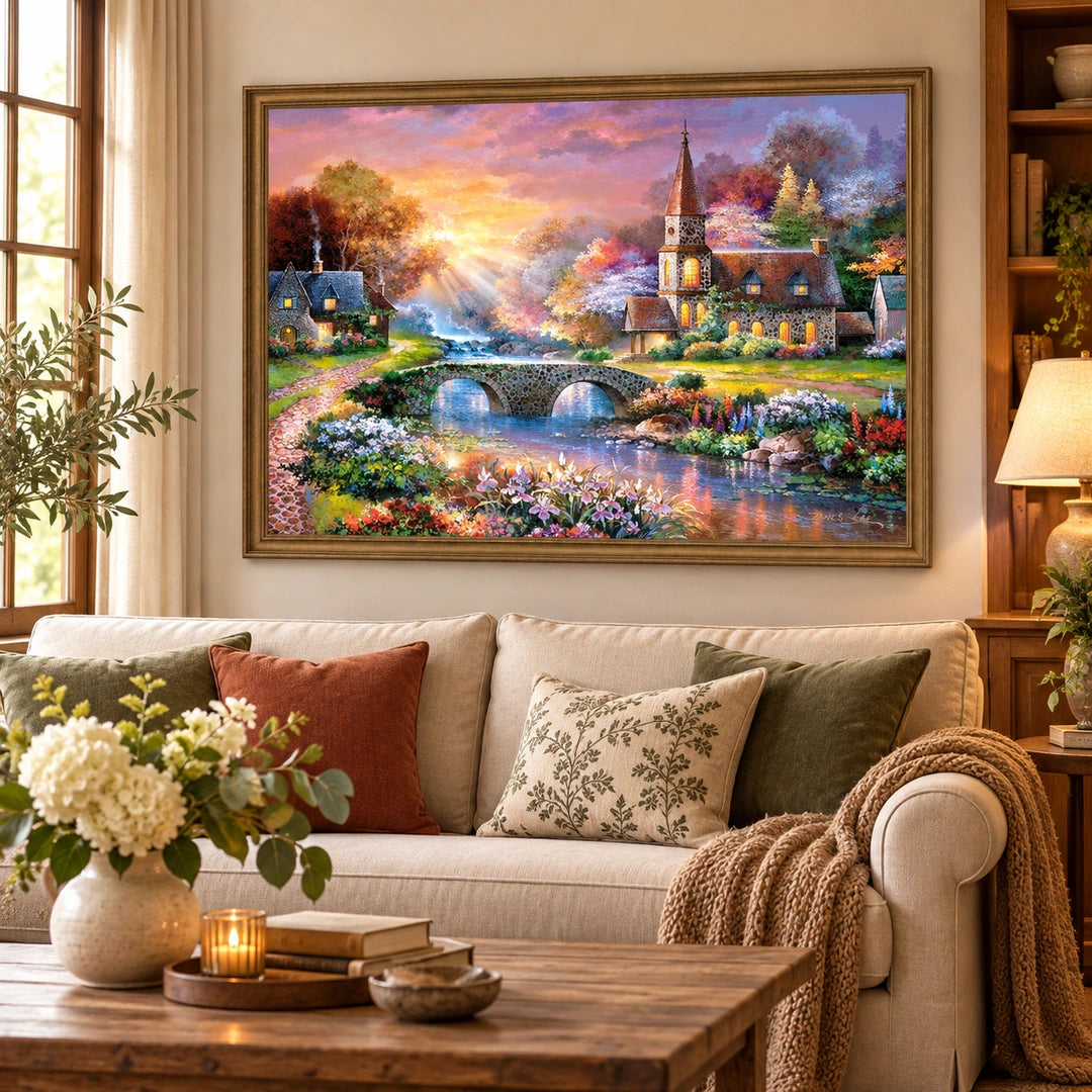 Sunset Riverside Church Diamond Painting Kit diamond painting home decor scene