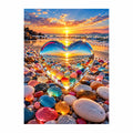 Original artwork for Sunset Through the Crystal Heart Diamond Painting Kit, showing a heart-shaped opening among colorful beach stones framing a glowing sunset.