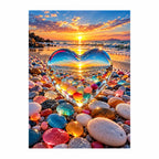 Original artwork for Sunset Through the Crystal Heart Diamond Painting Kit, showing a heart-shaped opening among colorful beach stones framing a glowing sunset.