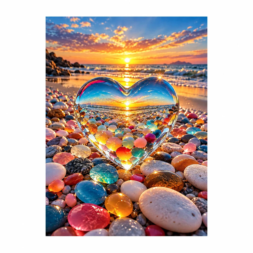 Original artwork for Sunset Through the Crystal Heart Diamond Painting Kit, showing a heart-shaped opening among colorful beach stones framing a glowing sunset.