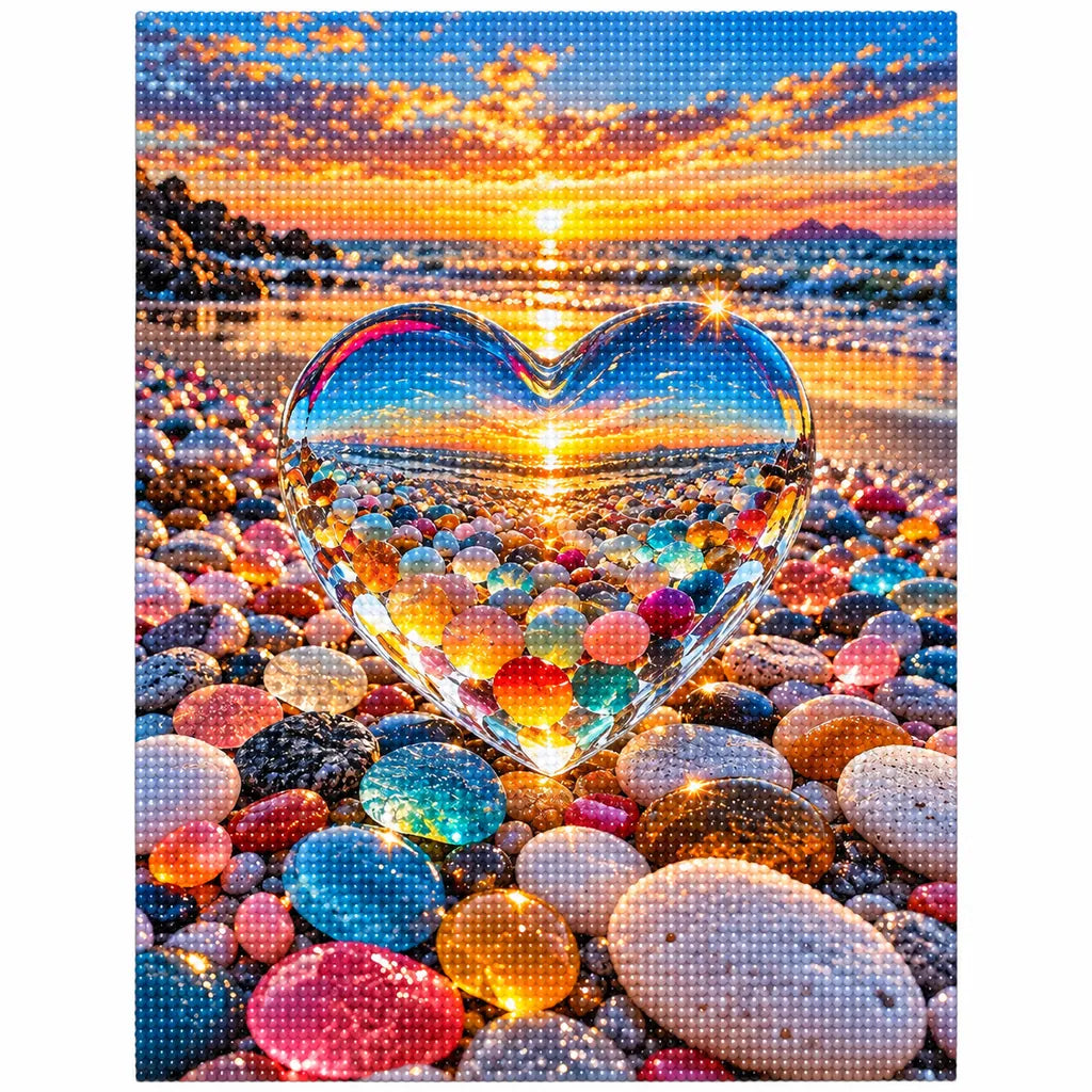 Finished diamond painting for Sunset Through the Crystal Heart Diamond Painting Kit, showing a heart-shaped opening among colorful beach stones framing a glowing sunset.