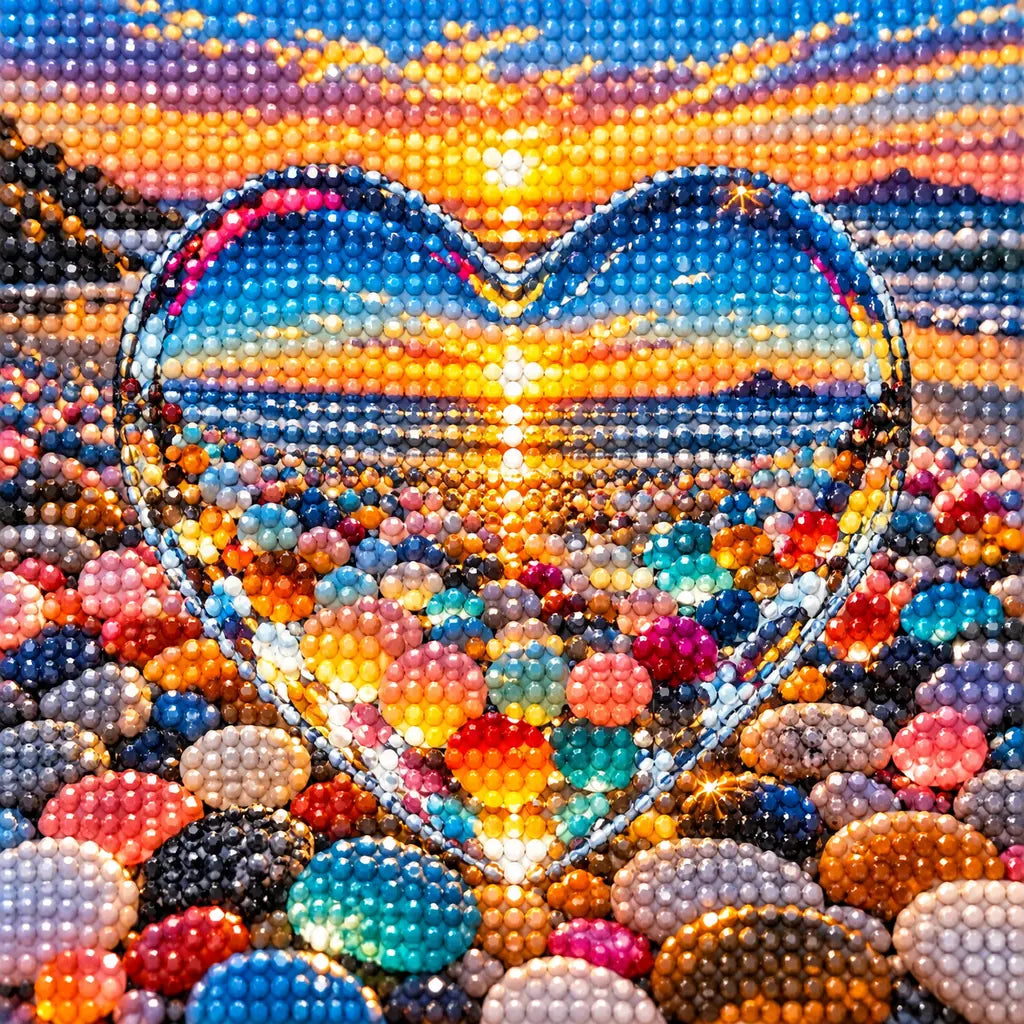 Close-up detail of drill texture across a heart-shaped opening among colorful beach stones framing a glowing sunset.