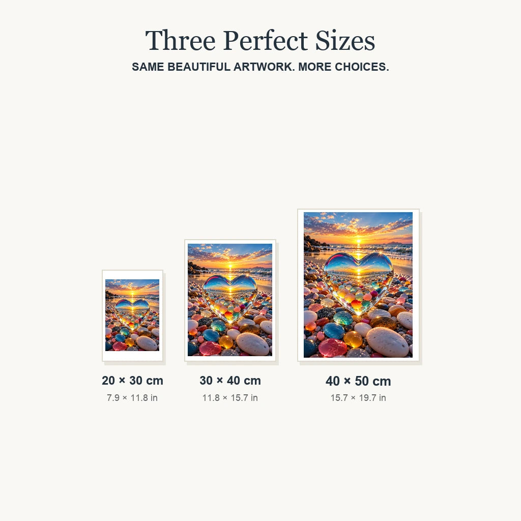 Size guide for Sunset Through the Crystal Heart Diamond Painting Kit: 20 × 30 cm, 30 × 40 cm and 40 × 50 cm.