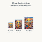 Size guide for Sunset Through the Crystal Heart Diamond Painting Kit: 20 × 30 cm, 30 × 40 cm and 40 × 50 cm.