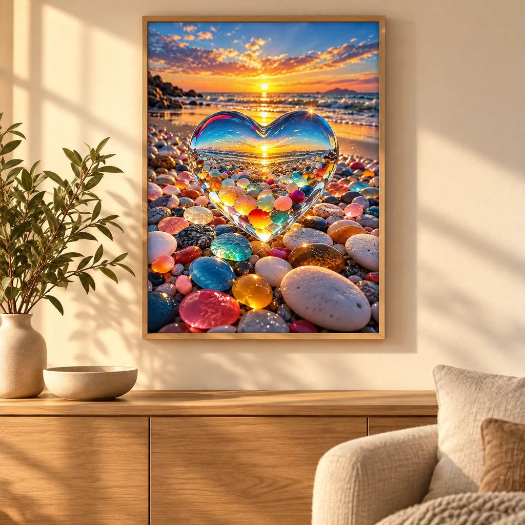 Home decor scene showing the Sunset Through the Crystal Heart Diamond Painting Kit artwork displayed in a room.