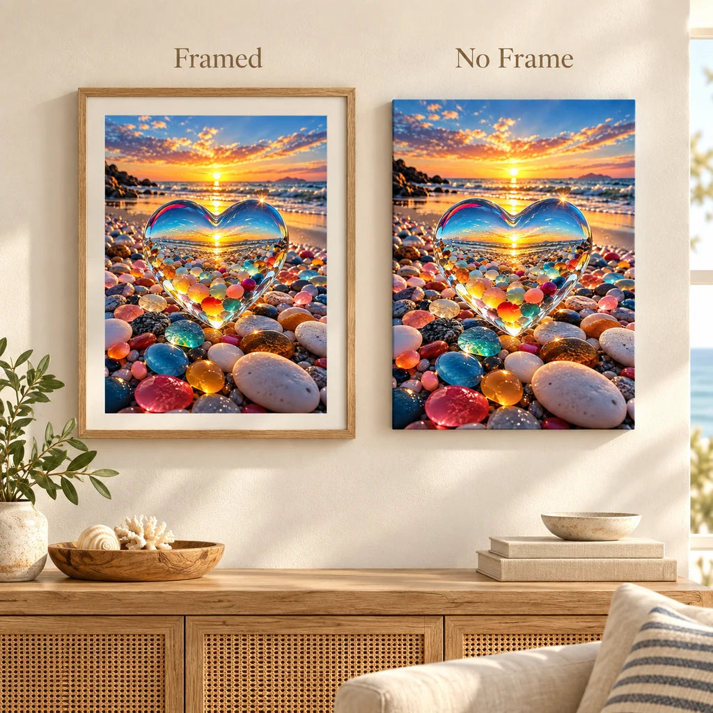 Framed and no-frame comparison for Sunset Through the Crystal Heart Diamond Painting Kit, showing the same heart-shaped opening among colorful beach stones framing a glowing sunset.