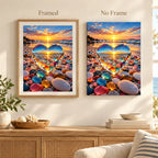Framed and no-frame comparison for Sunset Through the Crystal Heart Diamond Painting Kit, showing the same heart-shaped opening among colorful beach stones framing a glowing sunset.
