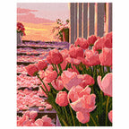White-background finished diamond painting of Sunset Tulip Terrace