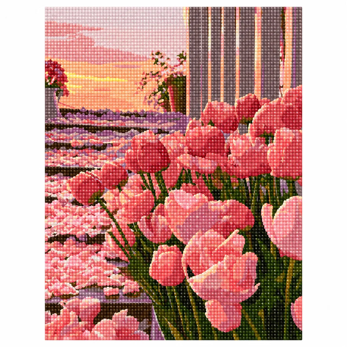 White-background finished diamond painting of Sunset Tulip Terrace