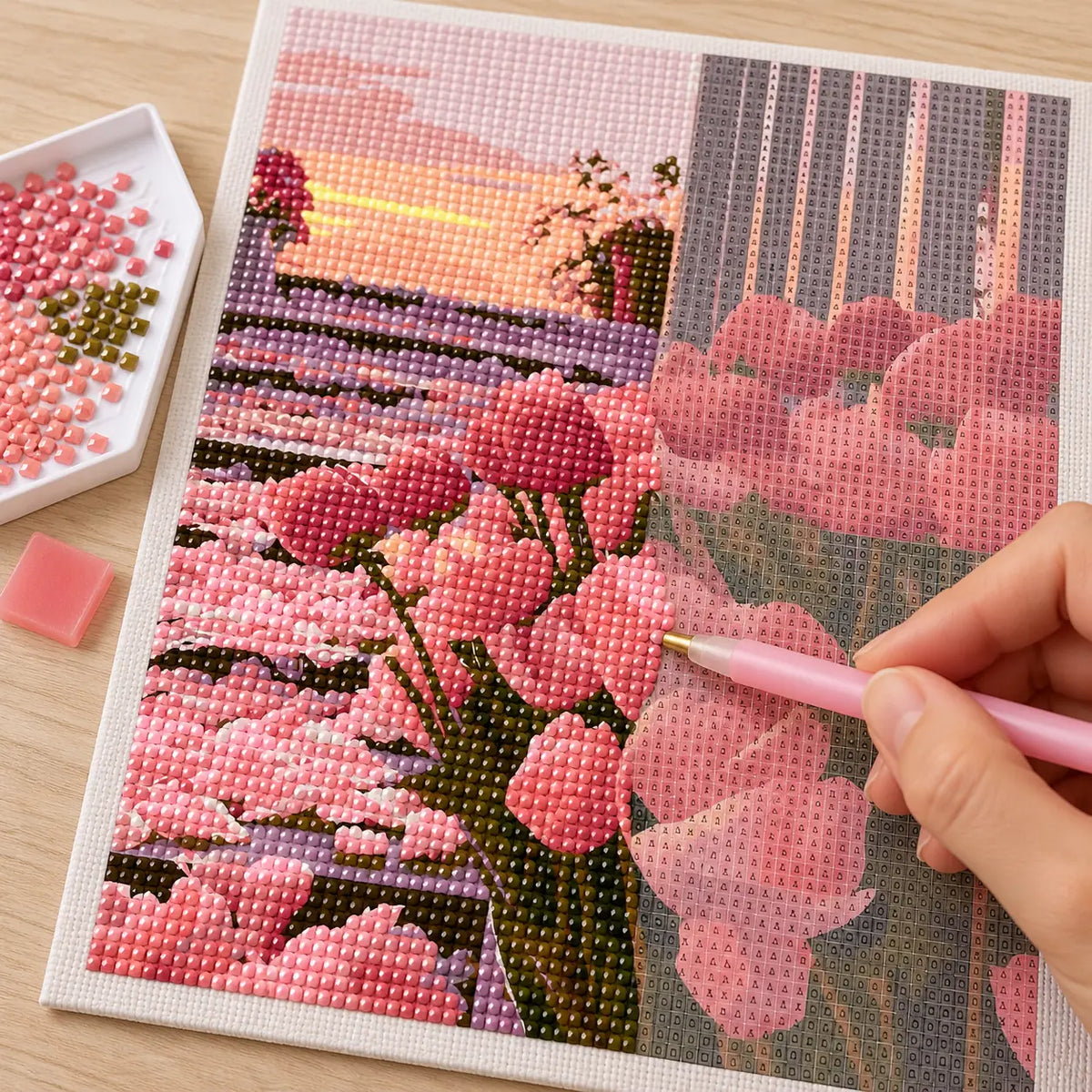 Diamond painting process for Sunset Tulip Terrace