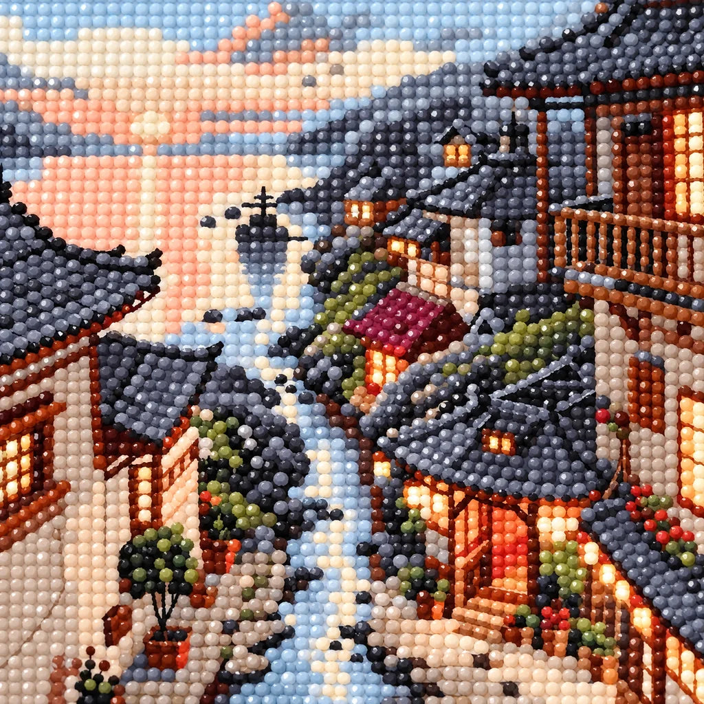 Close-up of drill texture and color in traditional riverside village homes reflected along a stream beneath sunset clouds.