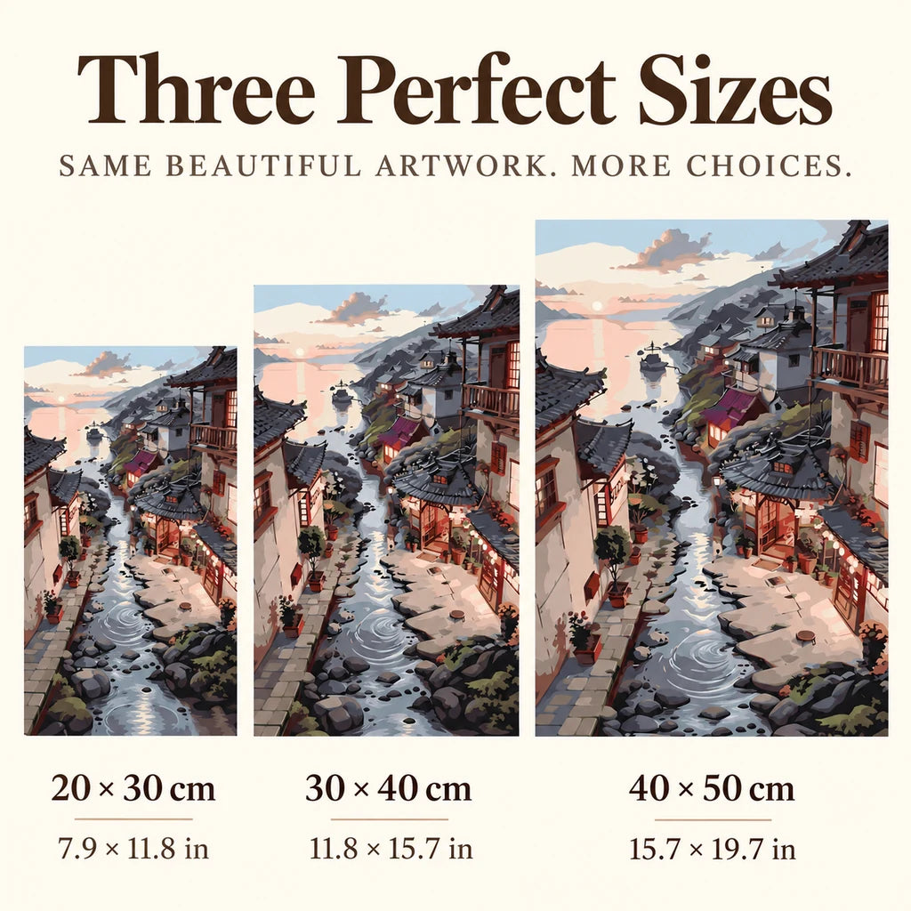 Size guide for Sunset Village by the Stream: 20 × 30 cm, 30 × 40 cm, and 40 × 50 cm.