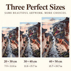 Size guide for Sunset Village by the Stream: 20 × 30 cm, 30 × 40 cm, and 40 × 50 cm.