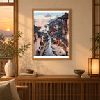 Home decor scene showing Sunset Village by the Stream artwork displayed on a wall.