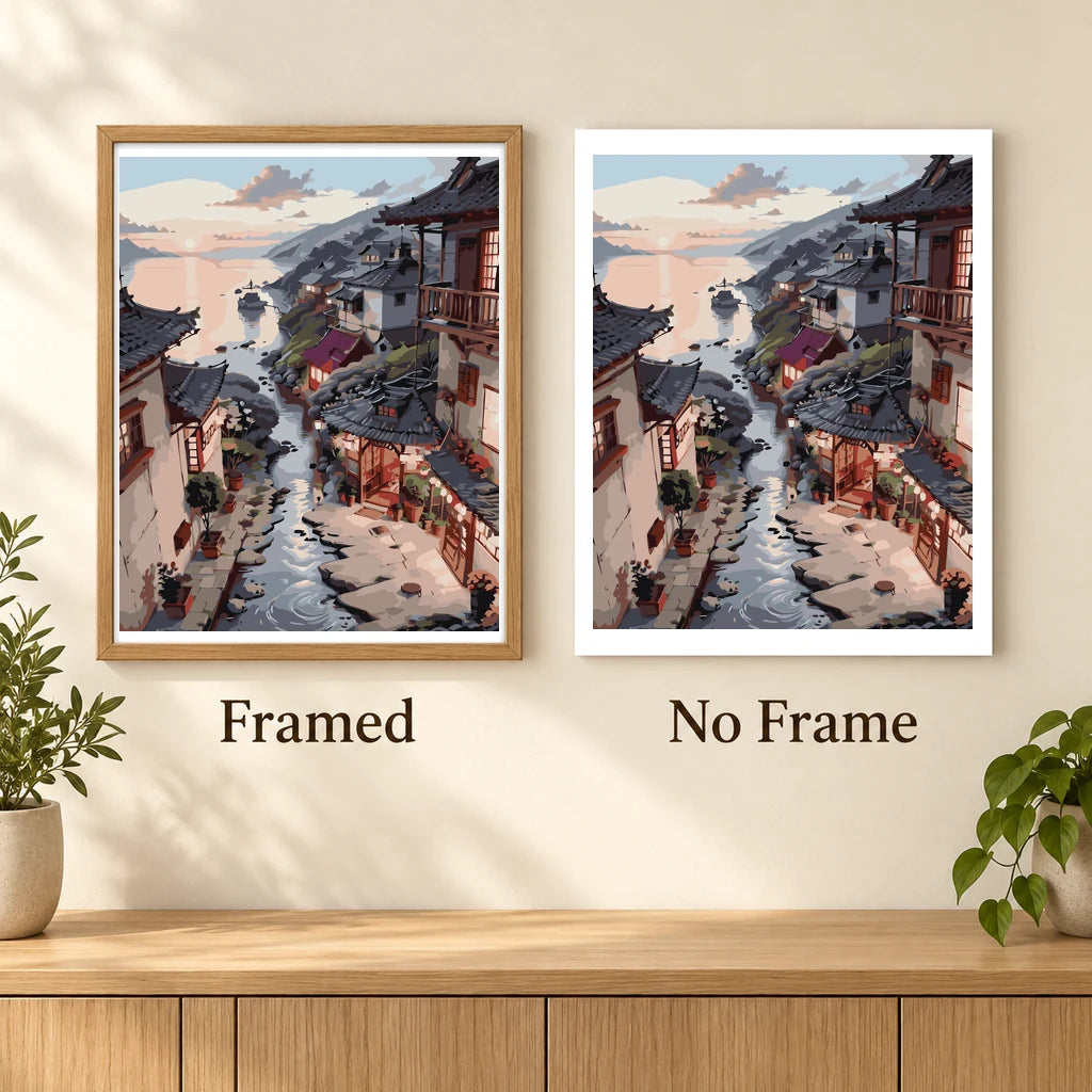 Framed and no-frame comparison for Sunset Village by the Stream artwork.