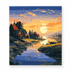 Sunset Village by the River paint by numbers artwork on a front-facing canvas against a white background