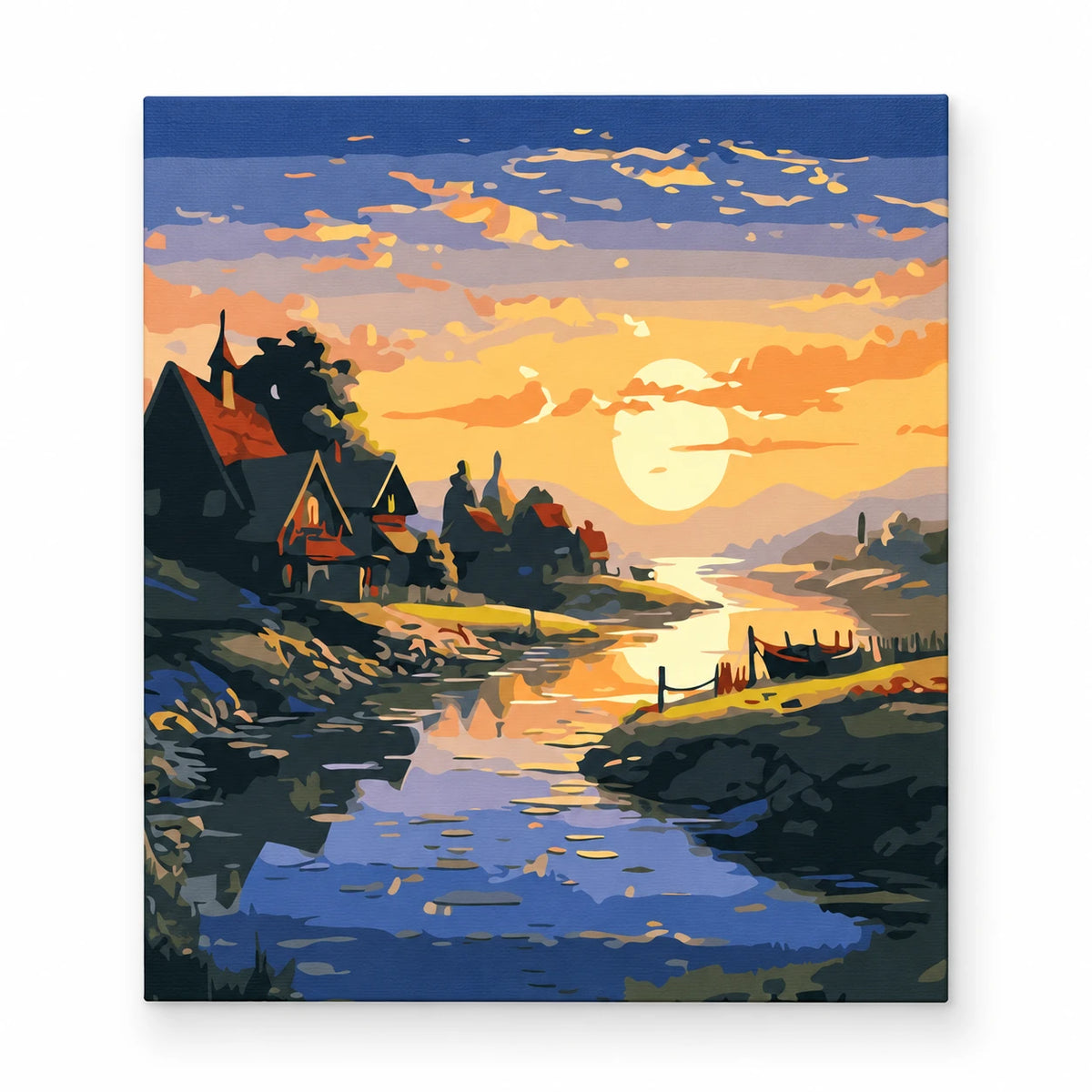 Sunset Village by the River paint by numbers artwork on a front-facing canvas against a white background