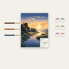 Complete Sunset Village by the River numbered canvas being painted with acrylic paints and brushes