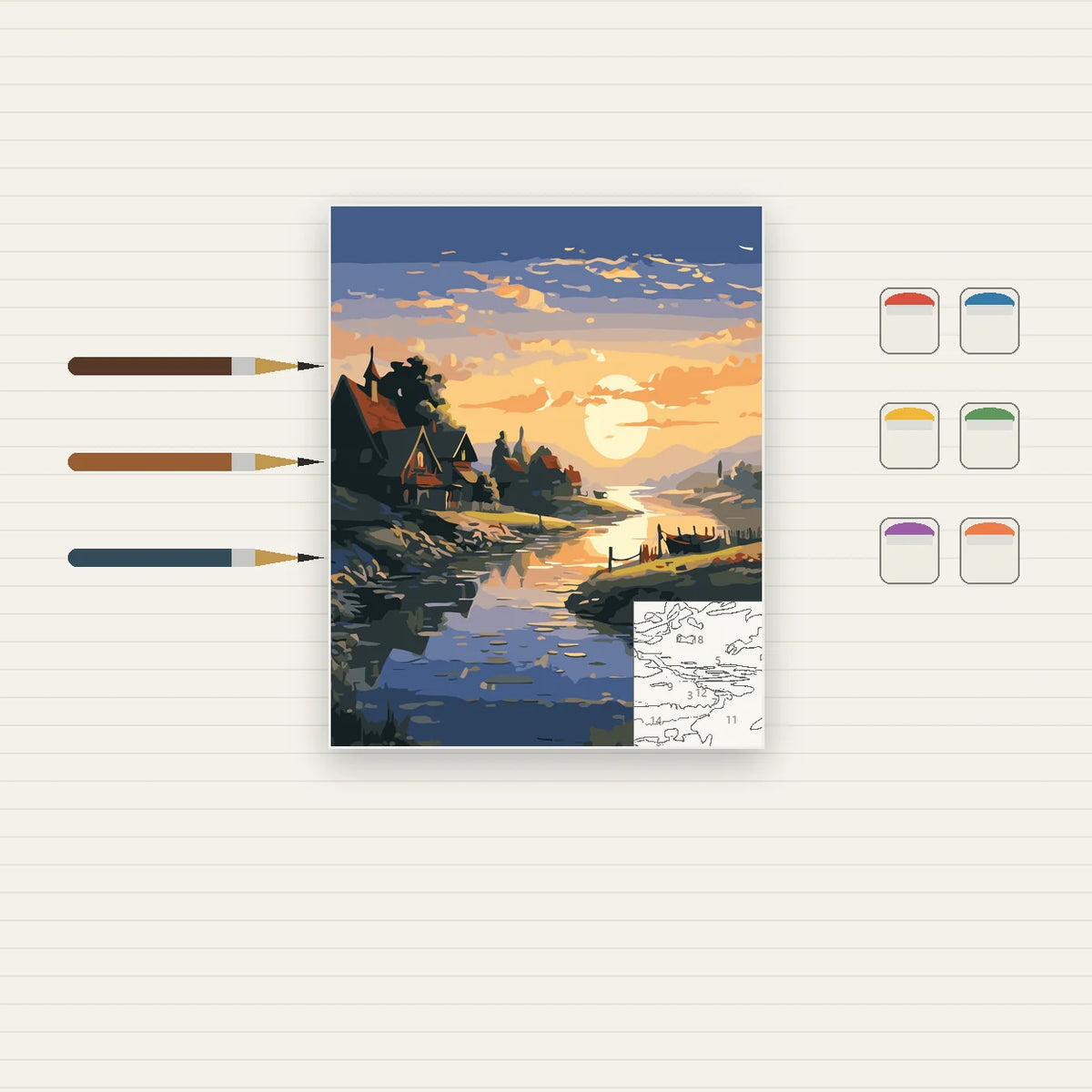Complete Sunset Village by the River numbered canvas being painted with acrylic paints and brushes