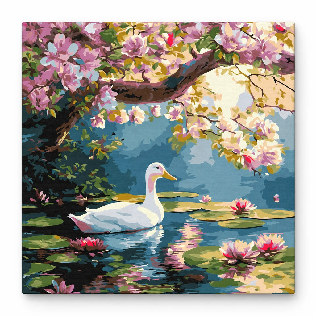 Swan under Pink Blossoms paint by numbers artwork on a front-facing canvas against a white background