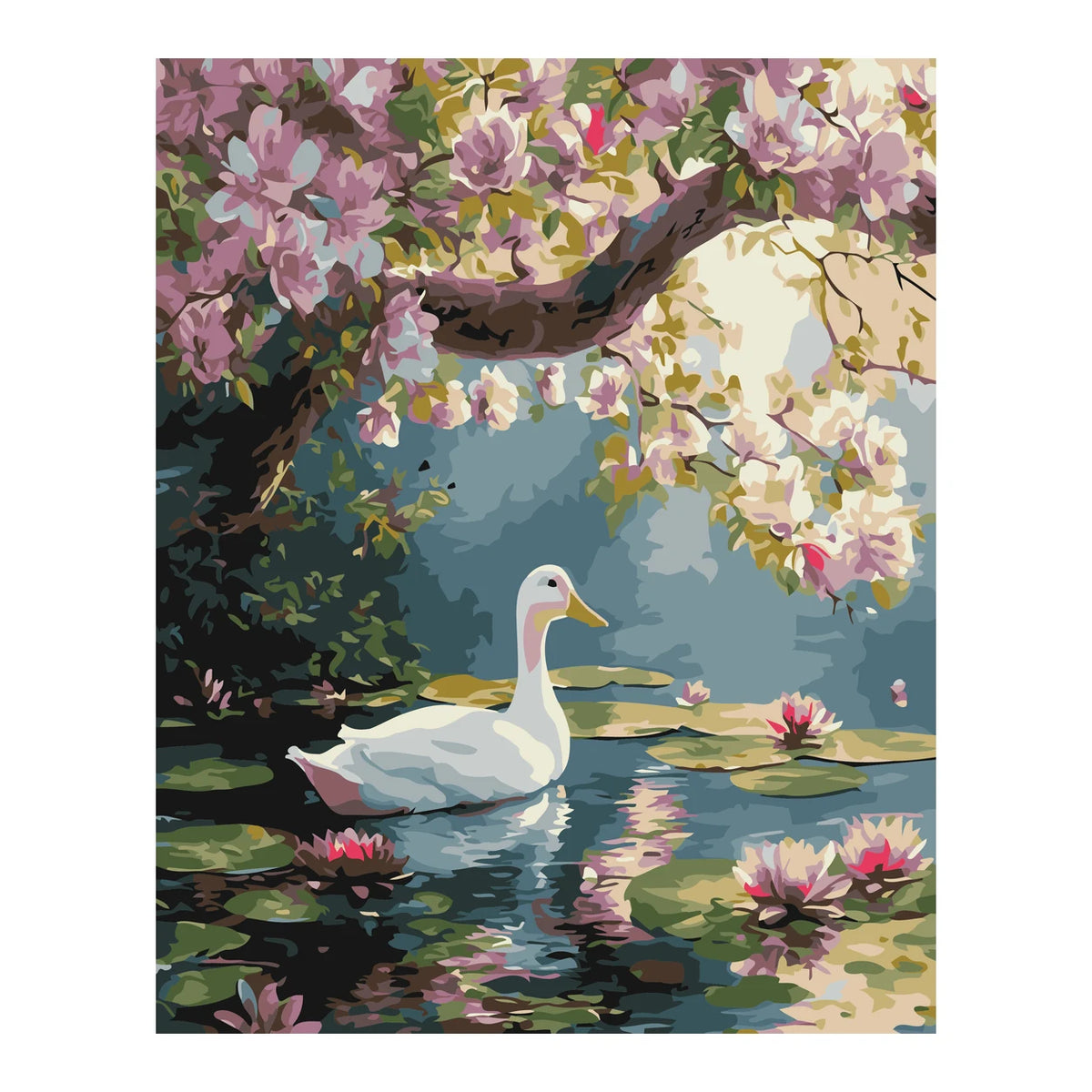 Swan under Pink Blossoms completed artwork on a clean white background