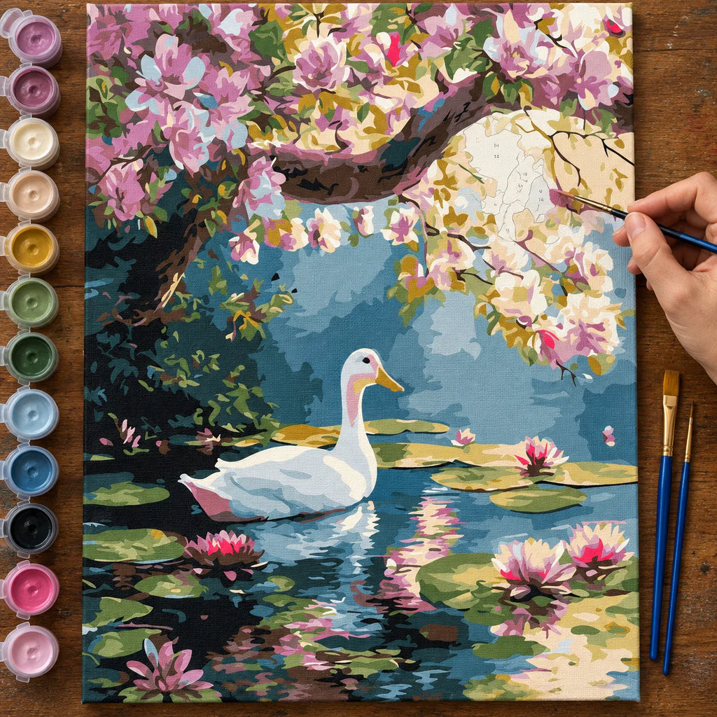 Complete Swan under Pink Blossoms numbered canvas being painted with acrylic paints and brushes