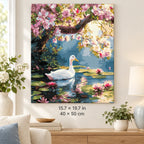 Swan under Pink Blossoms shown in a styled room with 15.7 × 19.7 in and 40 × 50 cm dimensions