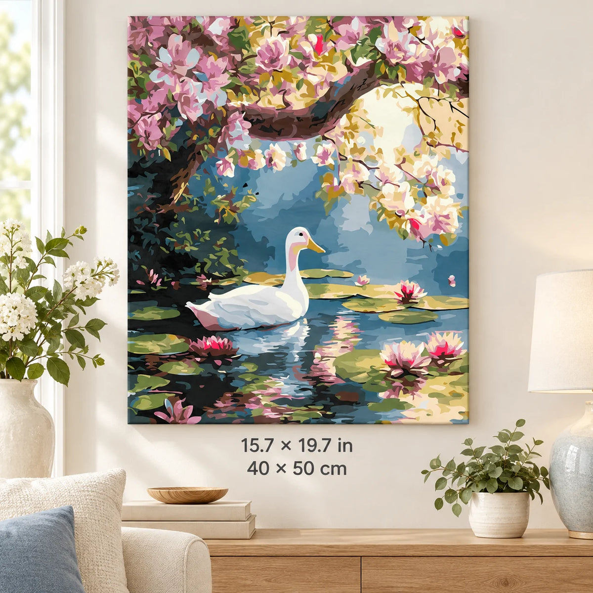 Swan under Pink Blossoms shown in a styled room with 15.7 × 19.7 in and 40 × 50 cm dimensions