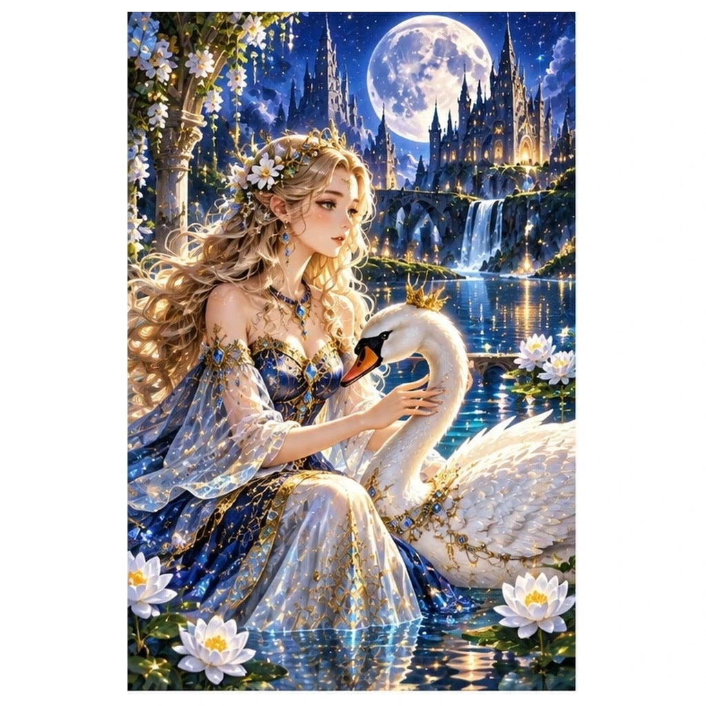 Swan Princess Moonlit Castle original artwork on white