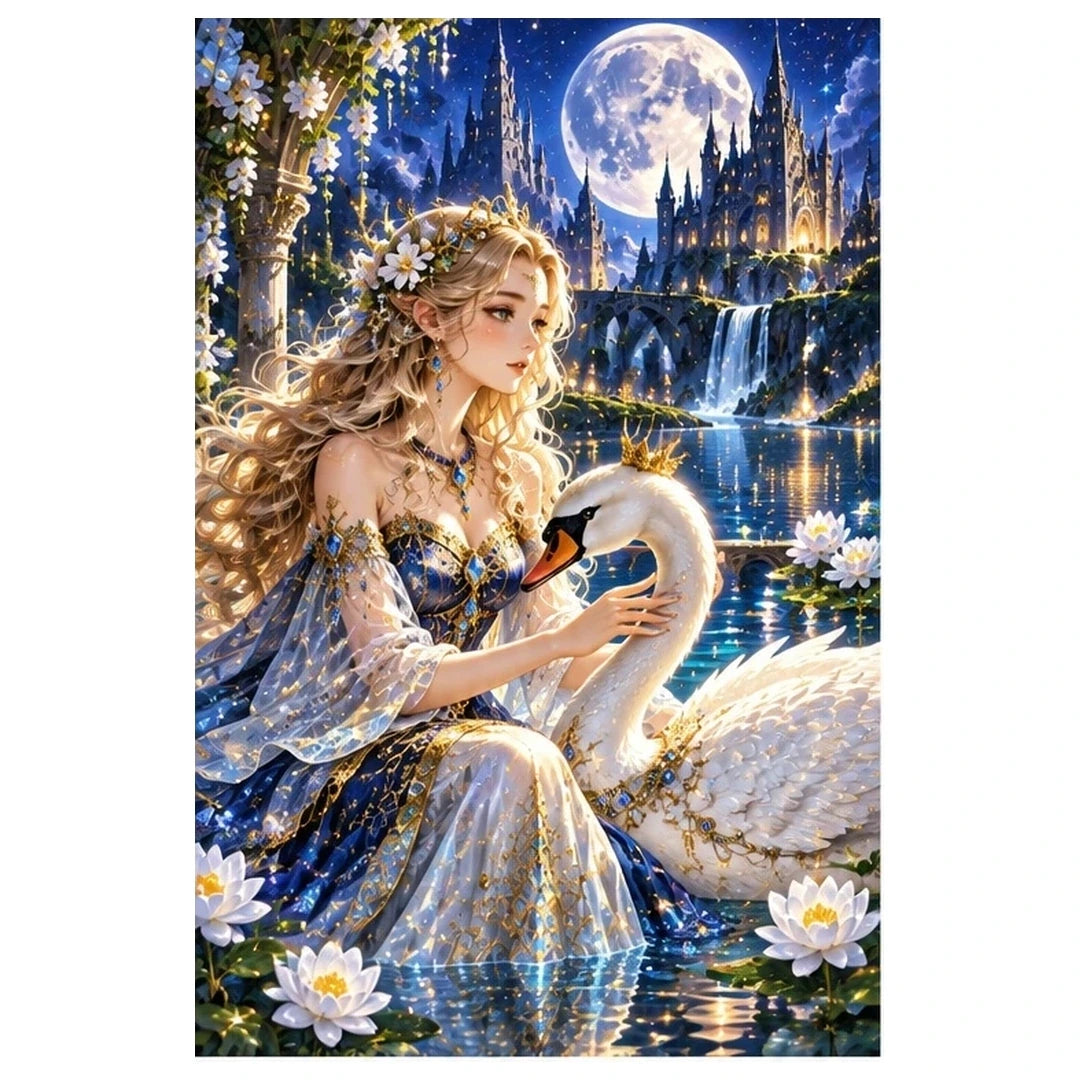 Swan Princess Moonlit Castle original artwork on white