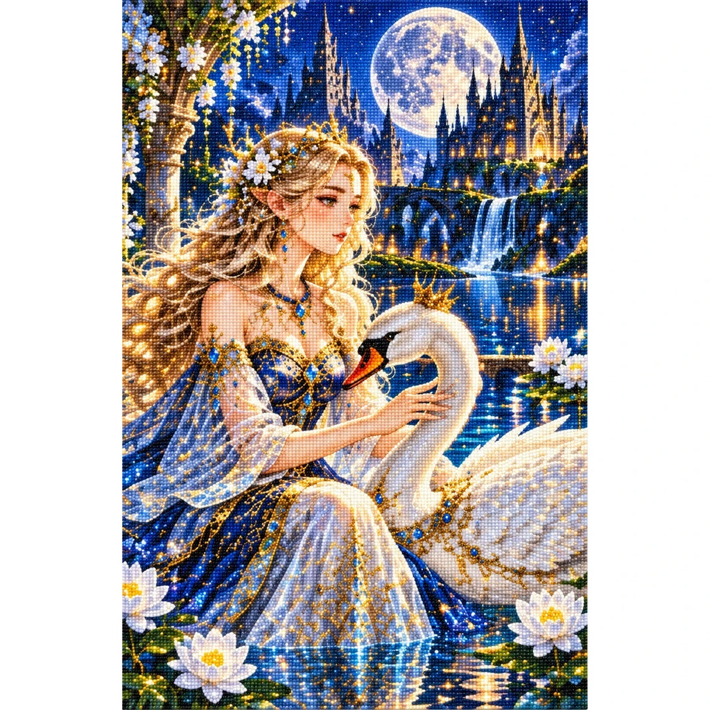 Swan Princess Moonlit Castle finished diamond painting on white