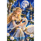 Swan Princess Moonlit Castle finished diamond painting on white