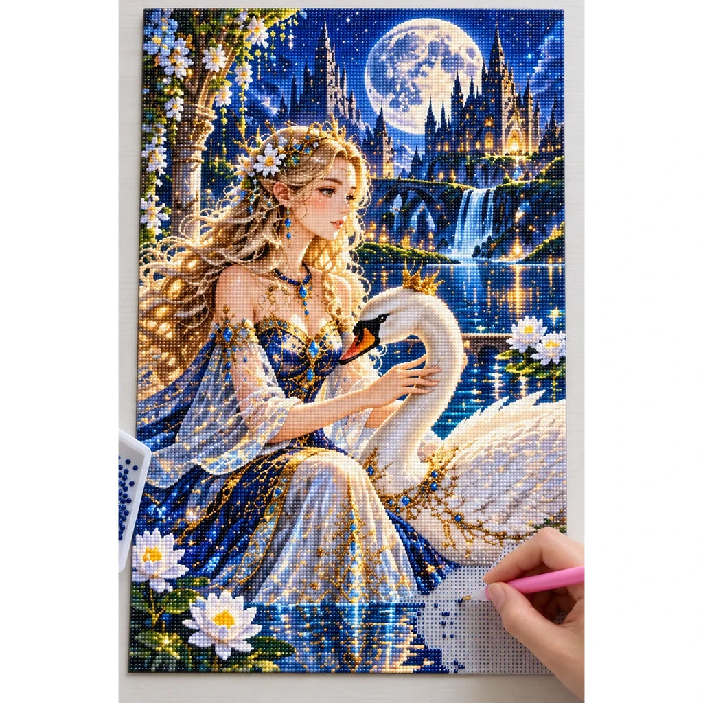 Swan Princess Moonlit Castle diamond painting process