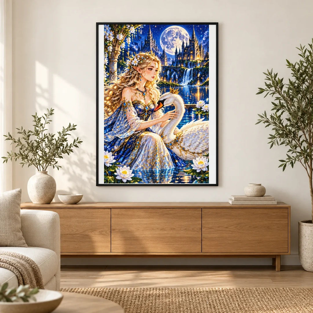 Swan Princess Moonlit Castle finished artwork in home décor