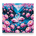 Swans among Pink Peonies paint by numbers artwork on a front-facing canvas against a white background
