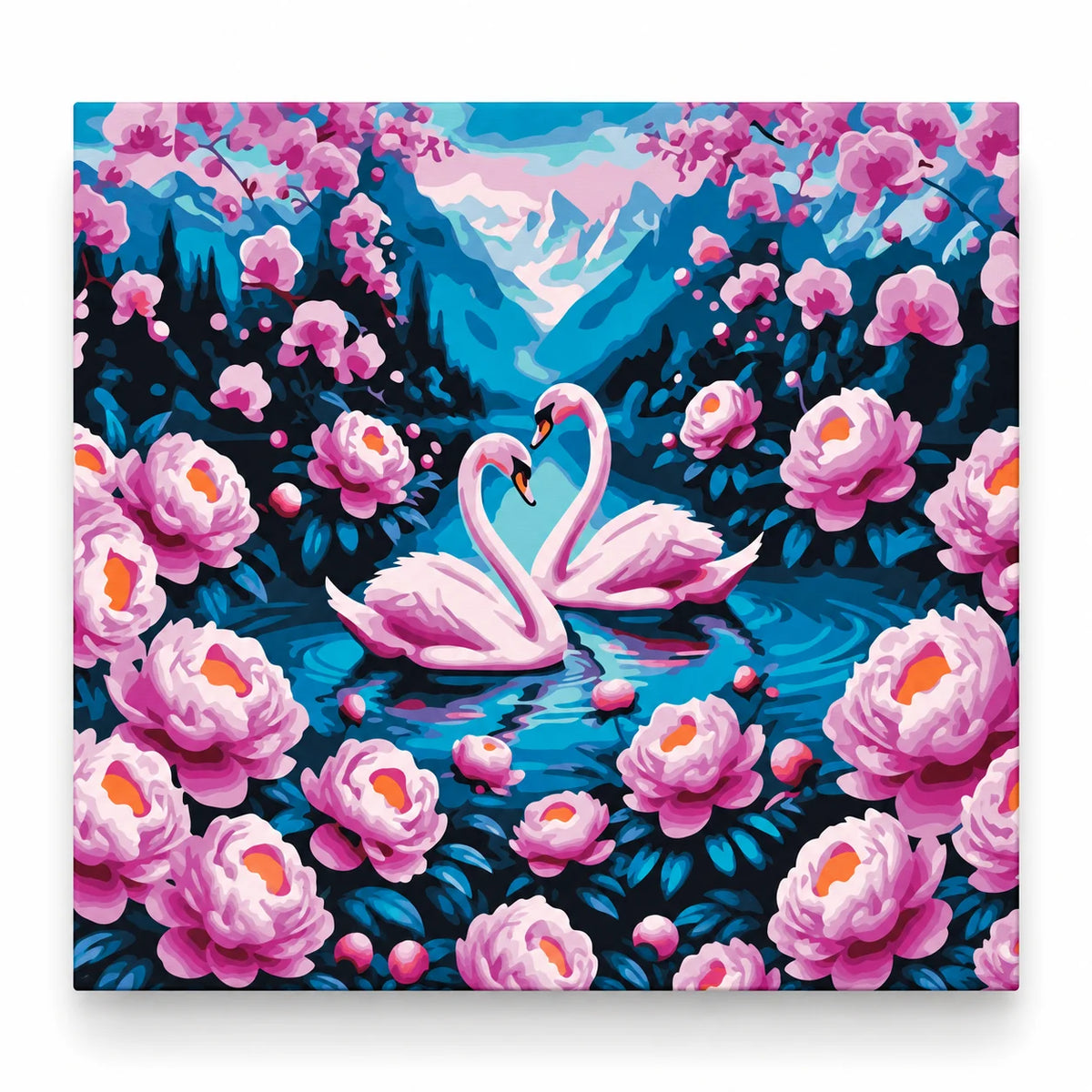 Swans among Pink Peonies paint by numbers artwork on a front-facing canvas against a white background