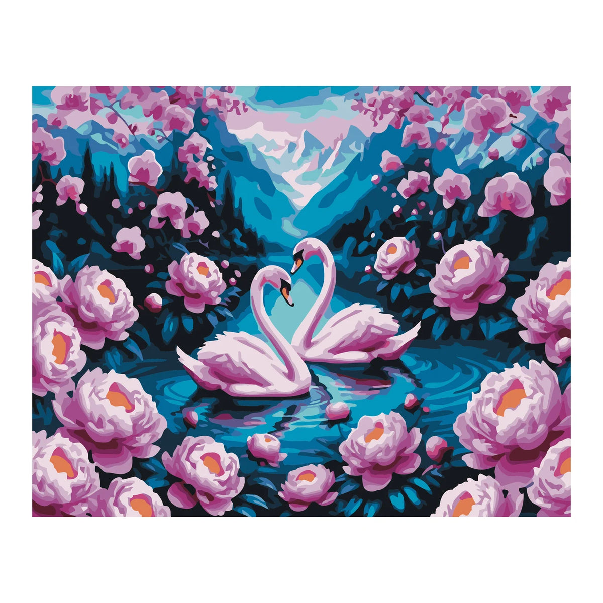 Swans among Pink Peonies completed artwork on a clean white background