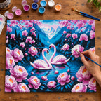 Complete Swans among Pink Peonies numbered canvas being painted with acrylic paints and brushes