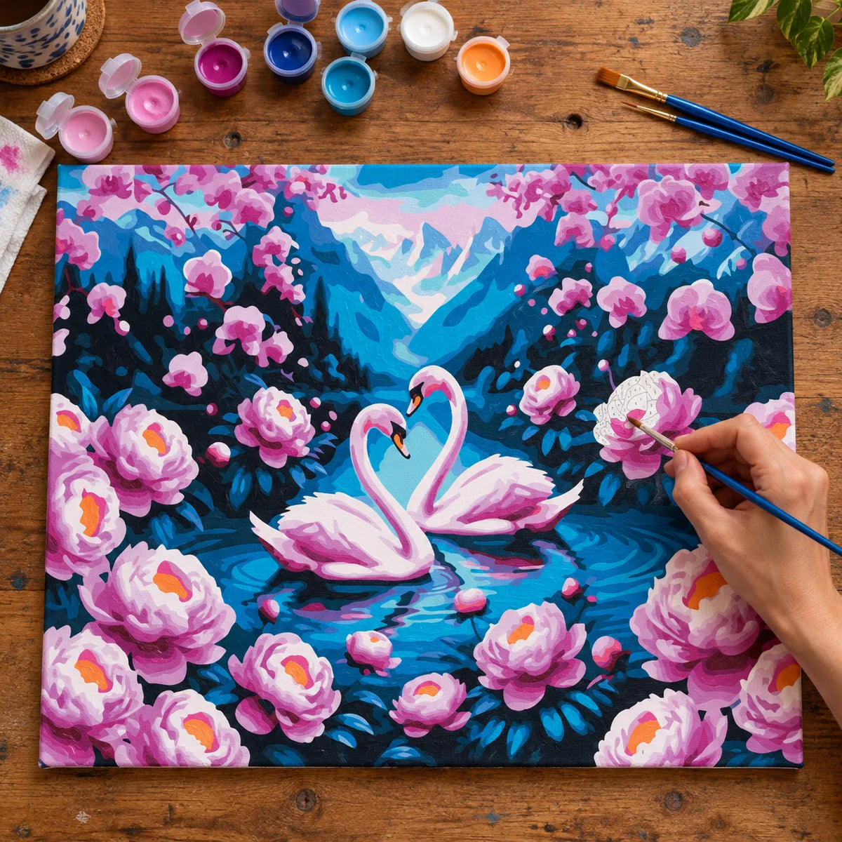 Complete Swans among Pink Peonies numbered canvas being painted with acrylic paints and brushes