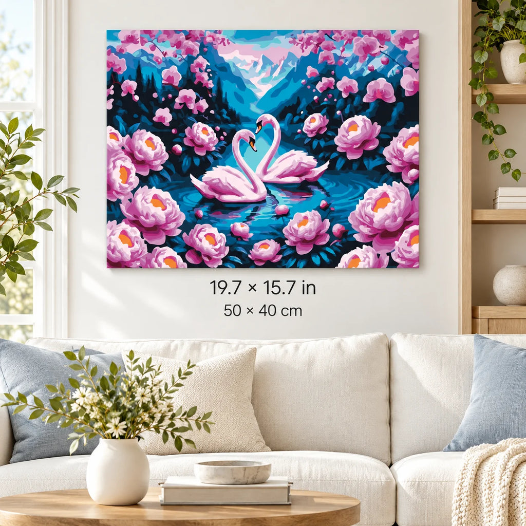 Swans among Pink Peonies shown in a styled room with 19.7 × 15.7 in and 50 × 40 cm dimensions