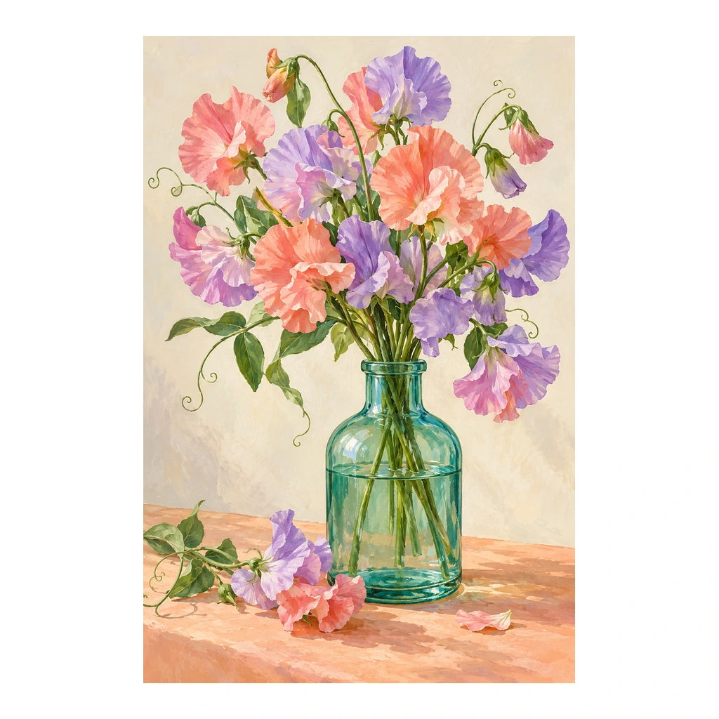 Pastel pink, coral, and lavender sweet peas in a green glass bottle: original artwork on a clean white background