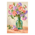 Pastel pink, coral, and lavender sweet peas in a green glass bottle: original artwork on a clean white background