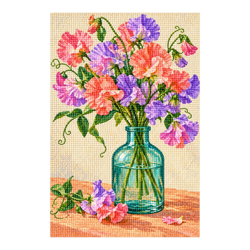 Pastel pink, coral, and lavender sweet peas in a green glass bottle: finished diamond painting on a clean white background