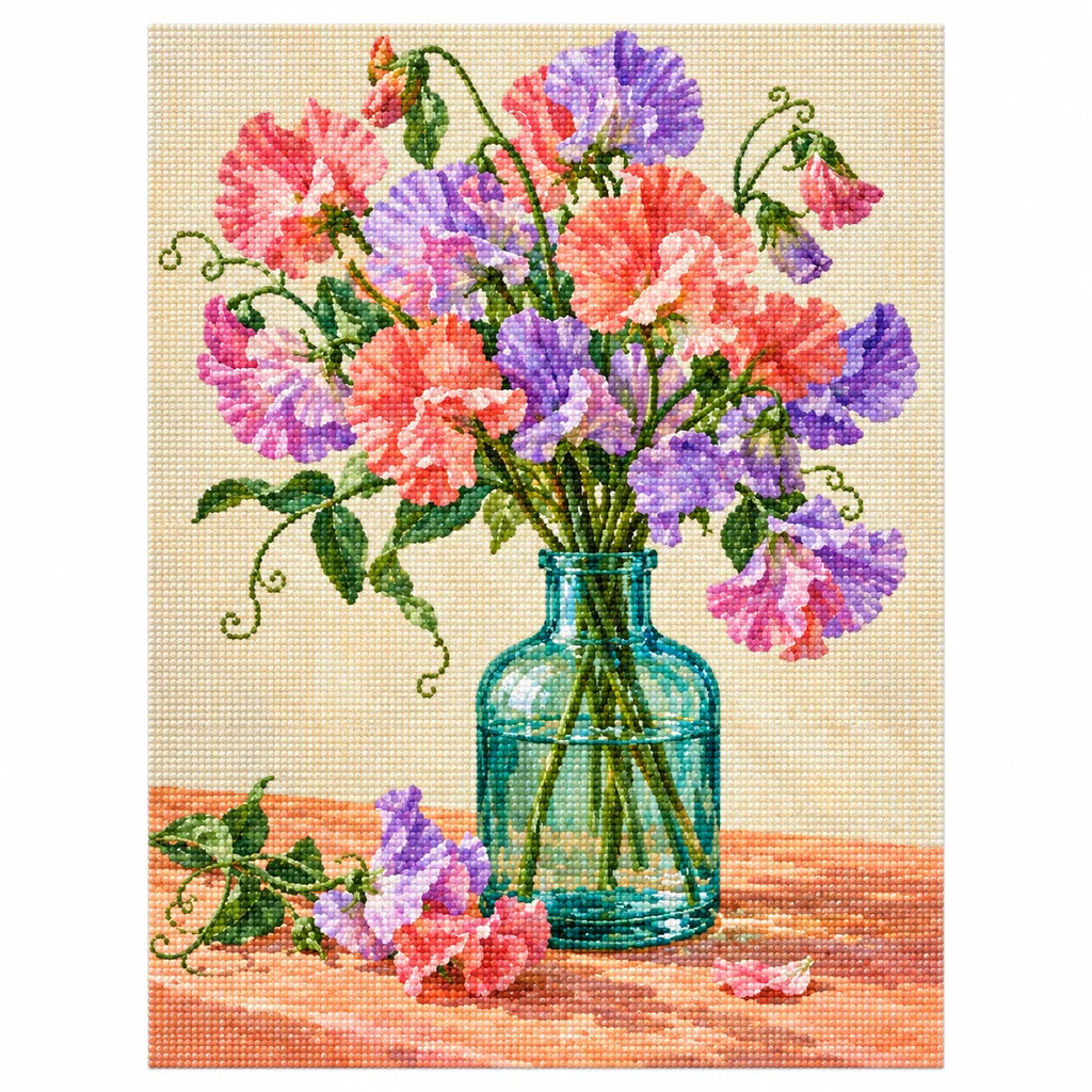 Pastel pink, coral, and lavender sweet peas in a green glass bottle: finished diamond painting on a clean white background