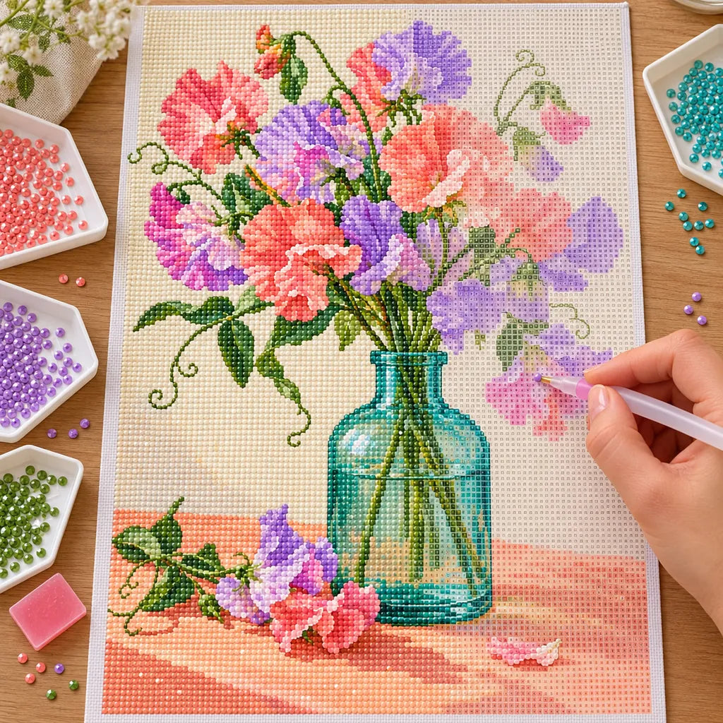 Pastel pink, coral, and lavender sweet peas in a green glass bottle: diamond painting in progress with a pen