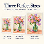 Pastel pink, coral, and lavender sweet peas in a green glass bottle: three available size guide
