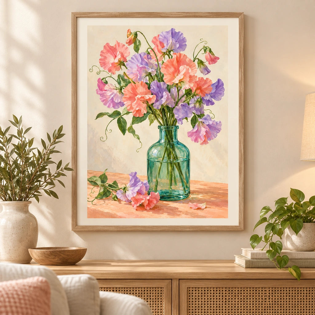 Pastel pink, coral, and lavender sweet peas in a green glass bottle: displayed as home wall decor
